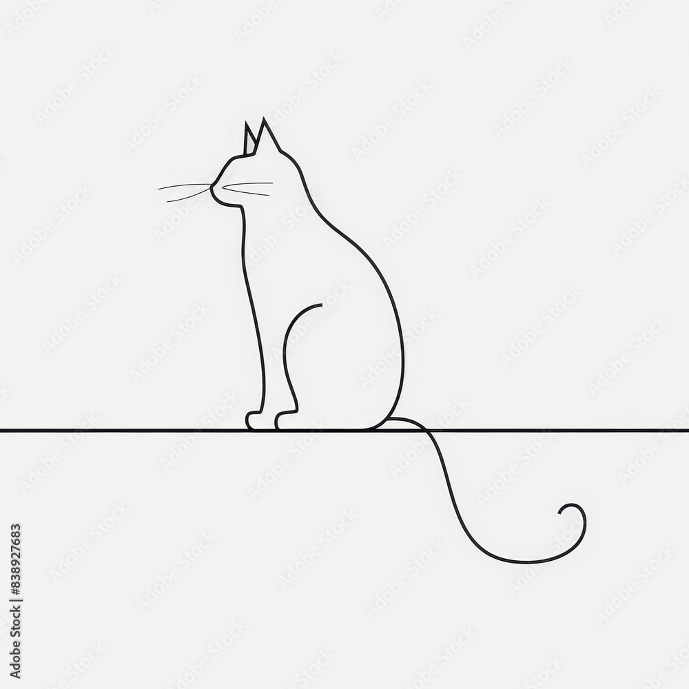 Poster minimalistic line art of a cat created with black ink, featuring simple curves, set against a plain 