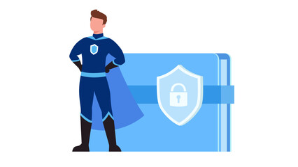 Standing security hero with lock shield on file. Data security concept, vector illustration