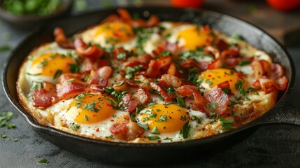 Forest camp breakfast  bacon and eggs cooked in a cast iron skillet amidst nature