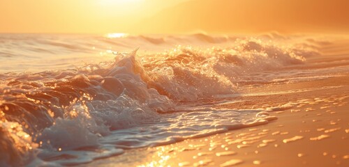 The sun sets over the ocean, casting a warm golden light on the waves as they crash onto the sandy shore.