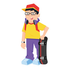 Cool boy in cap holding skateboard. cartoon character, vector illustration.

