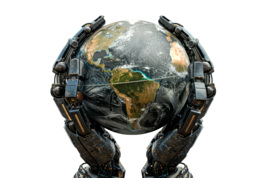 Earth globe supported by robotic arms, white background, environmental protection