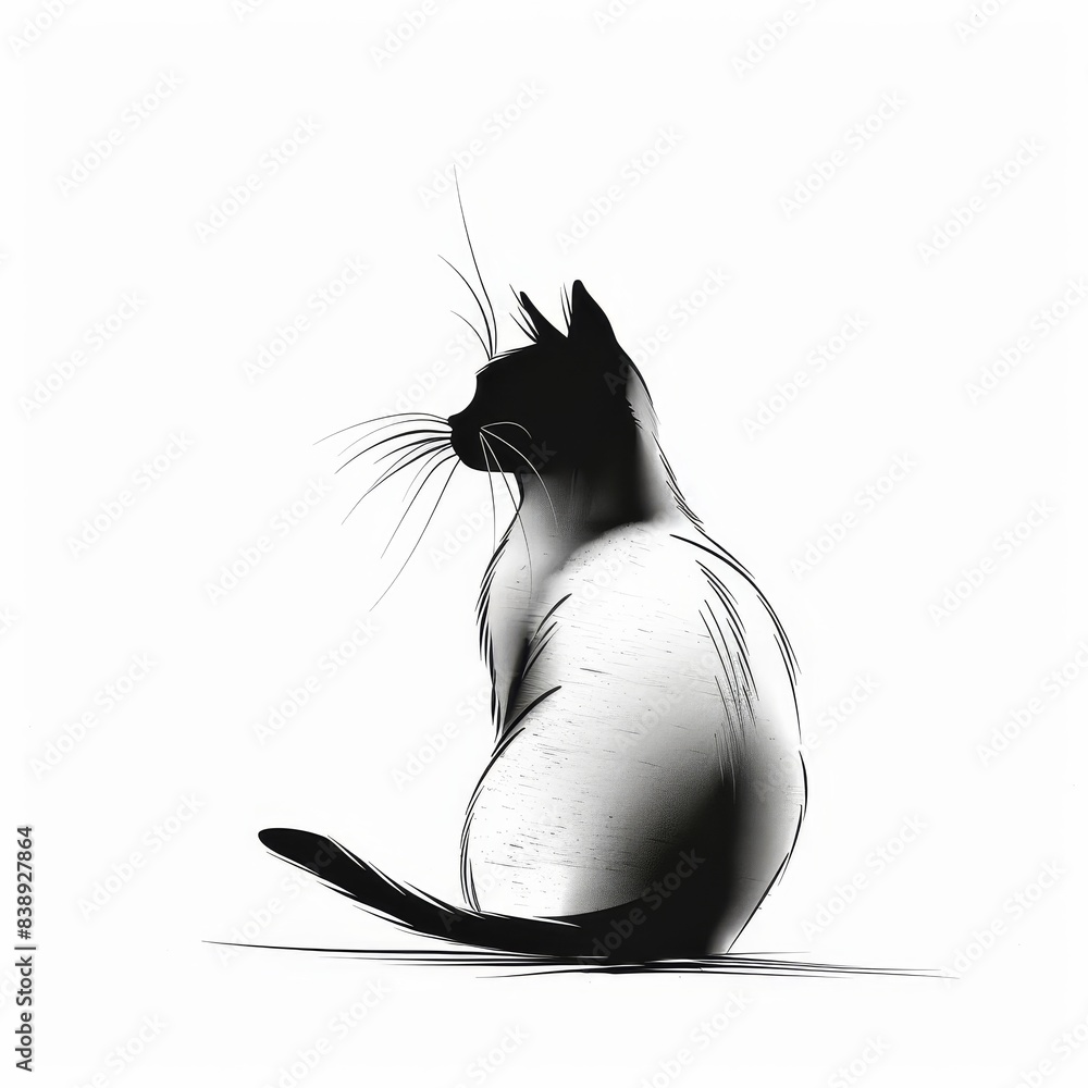Poster Minimalistic black ink cat drawing with simple curves on a plain white background
