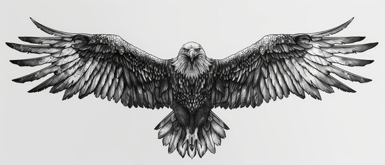 A regal eagle with wings outstretched in black and grey, set against a plain white backdrop
