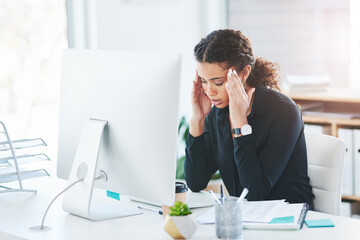 Businesswoman, computer and headache pain or stress migraine with burnout, fatigue or overtime....