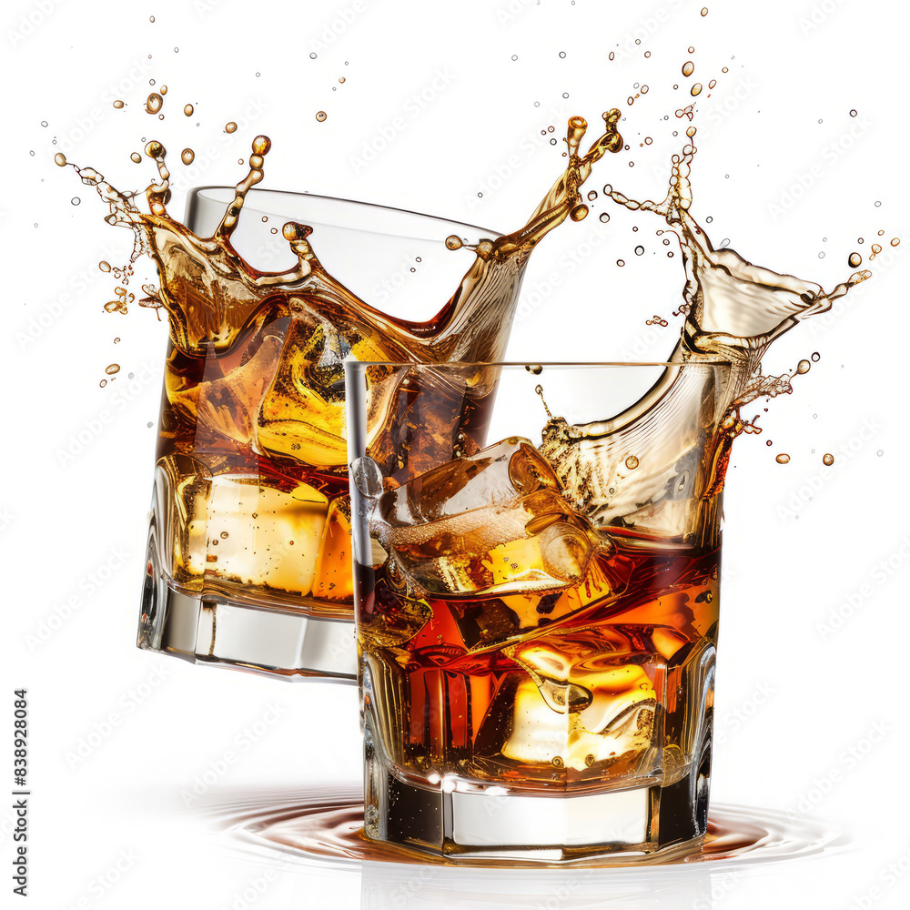 Wall mural two glasses of whiskey on the rocks clinking with a splash on a transparent white background.