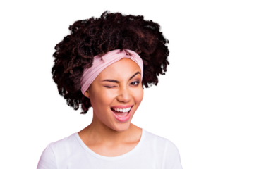 Close up photo beautiful amazing she her dark skin winking eyes facial expression look flirt open mouth toothy positive friendly wear head scarf casual white t-shirt isolated pink bright background