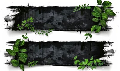 Obraz premium Set of grunge black painted lines with green leaves isolated on white background