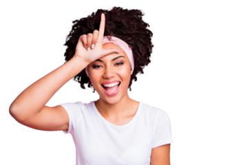 Close up photo beautiful amazing funny she her dark skin lady bad person bully making behavior symbol loser forehead impolite wear head scarf casual white t-shirt isolated pink bright background