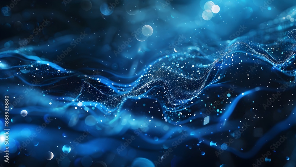 Poster abstract background with glowing blue lines and dots forming a network of connections on a dark back
