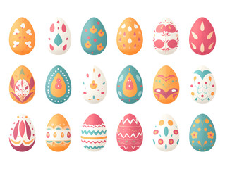 Set of colorful flat design doodle Happy Easter Eggs vector illustrations of bunnies, rabbits icons, decorated with flowers