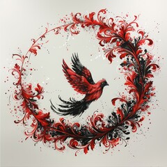 Phoenix rising, flames around, detailed feathers, black and red ink, on plain white background