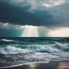 Obraz premium AI Generation of Stormy Ocean and Beach Scenes: Waves, Storms, and Dramatic Horizons