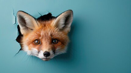 cute fox coming through crack hole in solid color background with copy space