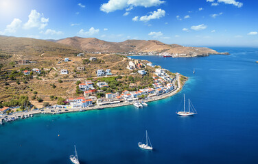 Aerial view of the small village and sailors marina of Vourkari on the island of Kea Tzia, Cyclades, Greece