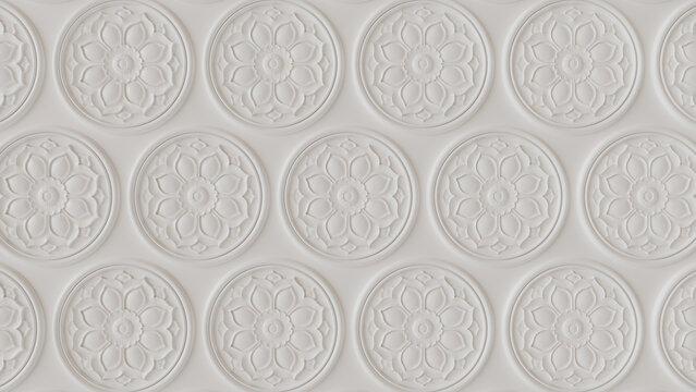 Elegant Light Ornate Pattern Wallpaper. White 3D Ornamental Background.