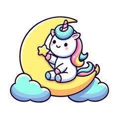 cute unicorn sitting on moon icon character