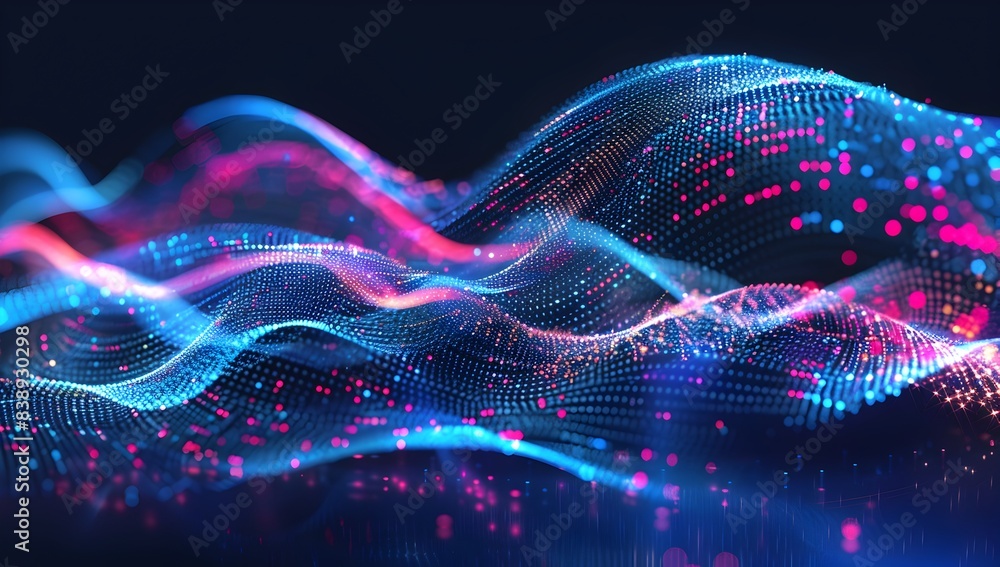 Poster abstract digital background with colorful glowing data curves and wave, futuristic technology concep