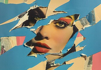 Collage with torn face. Ripped woman head poster. Female billboard paper placard. Old girl grungy...