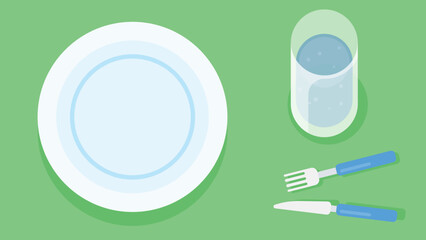 Empty plate on a green tablecloth with fork, knife and a glass water. vector illustration of cutlery with plate in flat style

