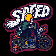 Fototapeta premium vector illustration artwork of gangster bikers skeleton skull riding motorbike high speed with text lettering typography. Can be used as Logo, Brands, Mascots, tshirt, sticker,patch and Tattoo design.