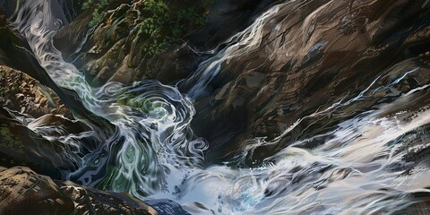 Rocky basin of a mountain waterfall, close-up on swirling water patterns, clear and detailed, midday sun. 