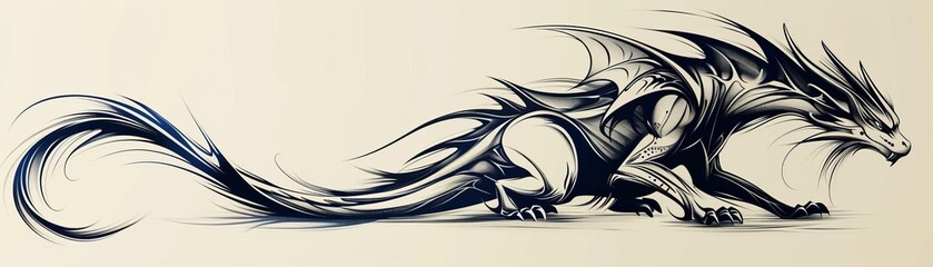 Tribal dragon tattoo, bold lines, black ink, on a plain white background