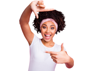 Close up photo beautiful amazing she her dark skin model lady arms hands forefingers taking shot portrait photographer cheerful wear head scarf casual white t-shirt isolated pink bright background