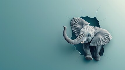 cute elepant coming through crack hole in solid color background with copy space