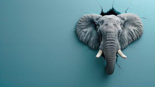 cute elepant coming through crack hole in solid color background with copy space