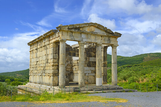 The Doric temple-like functioned as Mausoleum - The archaeological site of Ancient Messene, Peloponnese, Greece. Ancient Messene was founded in 369 BC. UNESCO World Heritage Site tentative list
