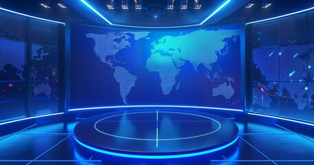 Digital 3d platform. Empty studio background. Futuristic blue podium with cyber map. Future technology room. Abstract tech scene. Glowing display or stage. Neon glow globe