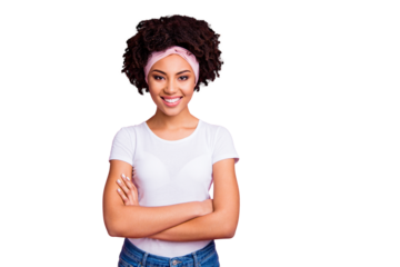 Close up photo beautiful amazing she her dark skin lady arms crossed easy-going self-confident pretty attractive show perfect teeth wear head scarf casual white t-shirt isolated pink bright background