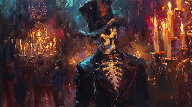 Tilted angle view of a voodoo ceremony led by Baron Samedi, oil painting style, rich dark tones, Baron in top hat and skull face, candlelit background, evokes mystery and supernatural elements