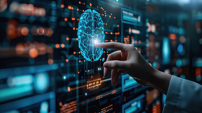 Artificial Intelligence and medical science concept, hand touching digital brain hologram on modern computer screen with data and code background
