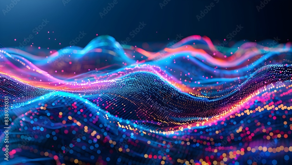 Poster abstract digital background with colorful glowing data curves and wave, futuristic technology concep