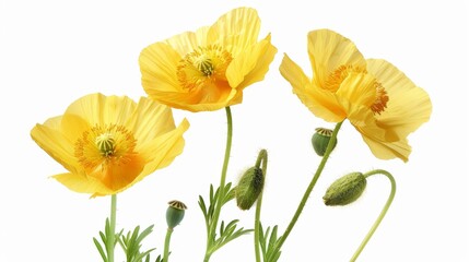 Obraz premium Yellow Poppies with Buds and Seed Pods on White Background, Generative AI