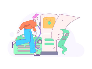 Vector Internet operation hand-drawn illustration of people getting discounts for refueling their cars
