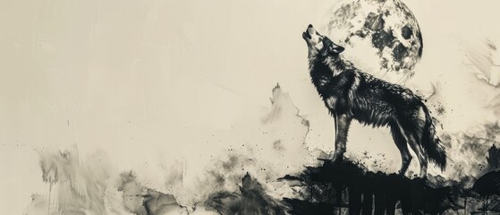 A lone wolf, captured in black and grey shades, howls beneath the moon on a plain white canvas