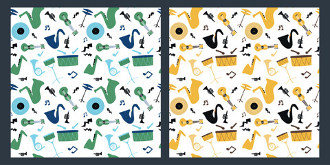 Seamless pattern. Design for decor. Modern hand drawn vector illustration, flat style. Wrapping paper or banner. Music festival. Different types of musical instruments pattern. set of postcard.