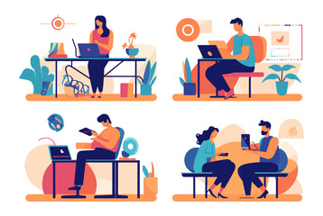 Working at home, co working space, concept illustration. Young people, man and woman freelancers working on laptops and computers at home. People at home in quarantine. Vector flat style