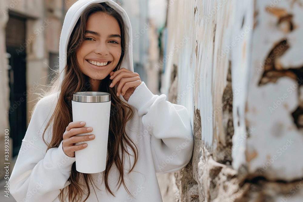 Wall mural Lady holding a coffee tumbler in a sweater in the morning, copy space, Generative AI.