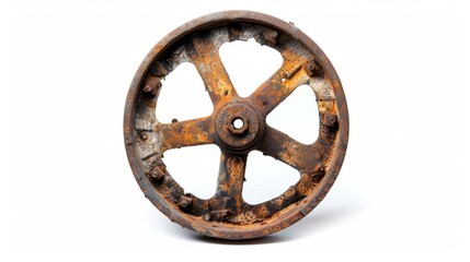 rusty old metal wheel on isolated white background, Material work concept for designer
