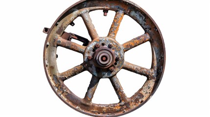 rusty old metal wheel on isolated white background, Material work concept for designer