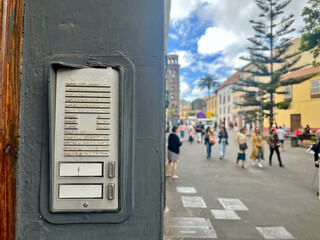Intercom at the entrance to the house. The city in the background San Cristobal de La Laguna