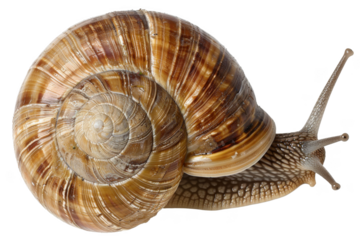A small brown and tan snail is crawling on a white background
