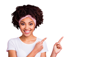 Close up photo funky amazing beautiful she her dark skin model lady hipster indicate empty space finger way find novelty product wear head scarf casual white t-shirt isolated pink bright background