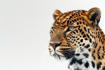 Obraz premium Mystic portrait of African Leopard in studio, copy space on right side, Anger, Menacing, Headshot, Close-up View Isolated on white background