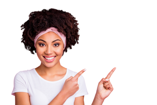 Close up photo funky amazing beautiful she her dark skin model lady hipster indicate empty space finger way find novelty product wear head scarf casual white t-shirt isolated pink bright background