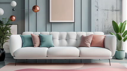 Home interior with gray sofa and colored pillows  in living room with empty wall.